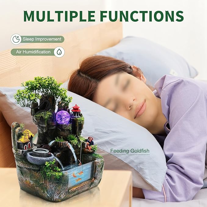 Tabletop Rockery Fountains, Indoor Waterfall Bonsai Desktop, Water Sound Desk Decoration, Mini Rockery Water Fountain with LED Light, With Rockery, Trees, A Stone Mill, And Houses, Home Office Bedroom