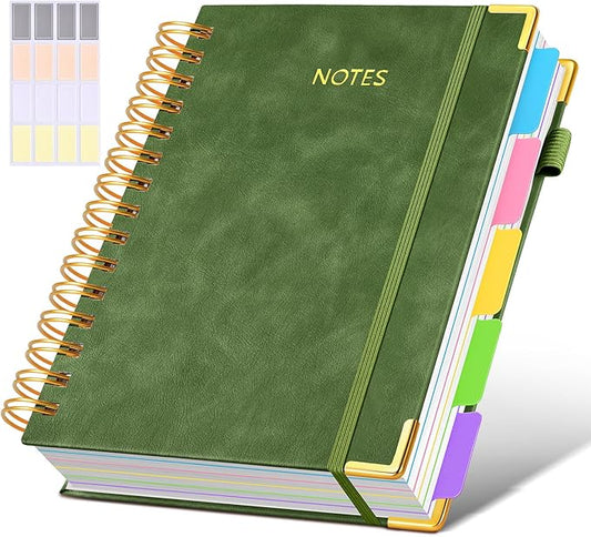 Hardcover Spiral Notebook journal with Removable Dividers Tabs, 300 Pages Leather 5 Subject Notebook College Ruled, 100GMS A5 Notebooks for Work School Note taking,Lined Journal for Women,A5-Green