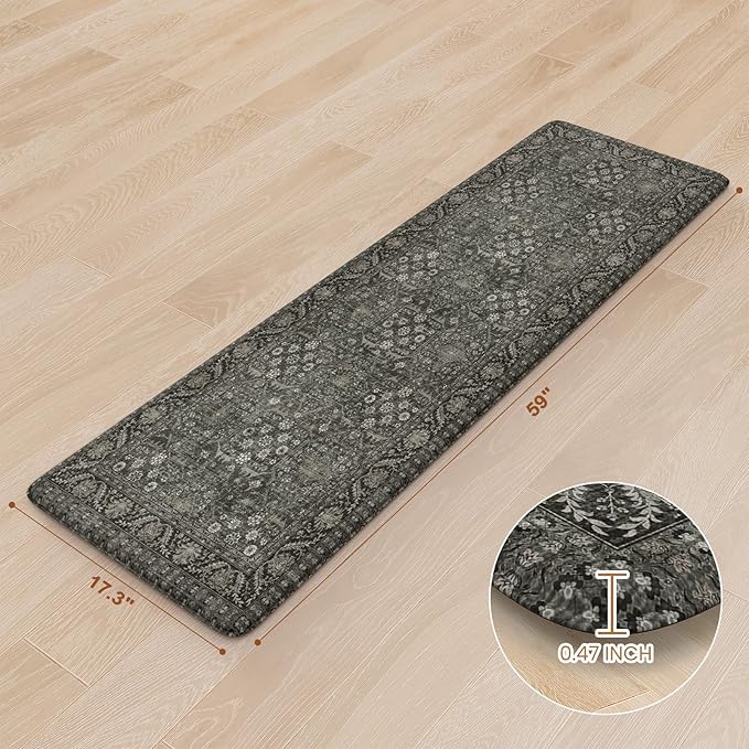 KIMODE Anti Fatigue Kitchen Mat, Cushioned Farmhouse Kitchen Runner, Non Slip Waterproof Kitchen Mat for Floor, Comfort Foam Standing Desk Mat for Laundry, Office, Sink Green/Grey 17.3"x59"