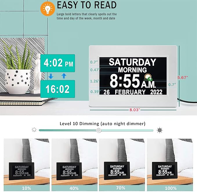 MASSII 【2025 New】 19 Alarms Digital Clock with Loud Voice Talking Time, Auto DST, 20 Custom Reminders, 10-Level Dimmer, Sleep Trainer, Day Date Calendar Clock for Seniors Dementia- 7 Inch with Remote