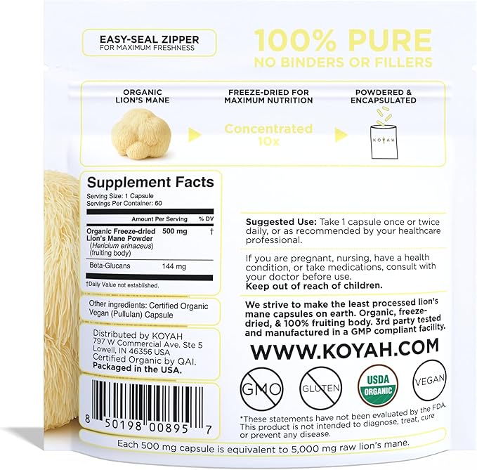 KOYAH Organic Lion's Mane Capsules - USA Grown, 100% Fruiting Body, Freeze-Dried, 3rd Party Tested for Beta-Glucans, 500 mg, Non-GMO, Vegan. Brain & Nerve Support. Immune Support. 60 Capsules