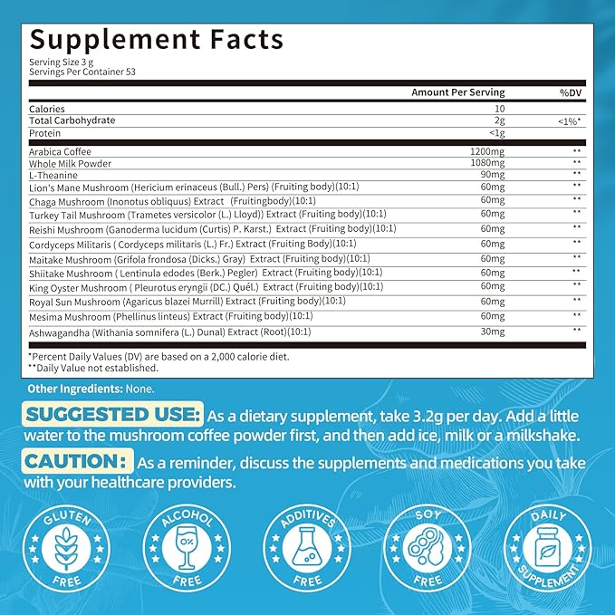 Mushroom Coffee,10 Adaptogenic Mushrooms And Milk Powder MCT Oil, Hydrolyzed Collagen, Instant Coffee with Lion's Mane, Chaga, Cordyceps, L-Theanine for Energy, Focus, Digestion and Immunity, 160G