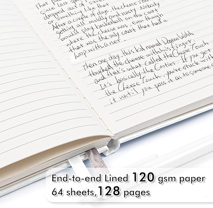 feela 5 Pack Notebooks Journals Bulk, Hardcover Notebook Classic Ruled Lined Journals with Pen Holder for Women Girls School Business Supplies, with 5 Black Pens, 120 GSM, 5.1”x8.3”, A5, White