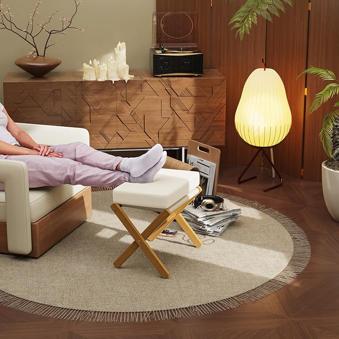 Foldable Foot Stool Ottoman, Modern Foot Rest with Bamboo X Legs & Thick Foam Cushion, Folding Foot Stools Small Padded for Bedroom Living Room, Makeup Vanity Stool Chair (Natural - Beige)