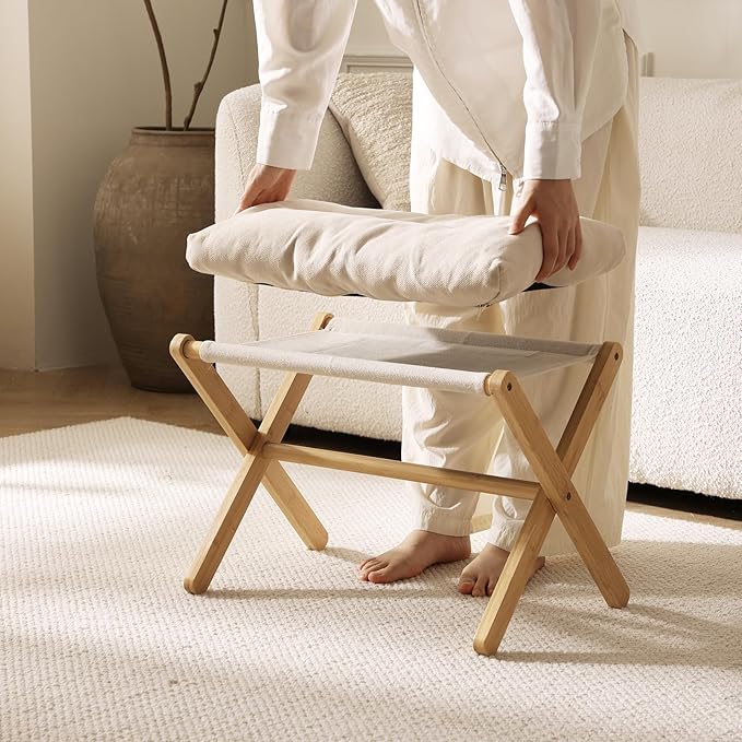 Folding Upholstered Footrest Stool, Small Accent Ottoman with Thick Cotton Cushion & Bamboo X Legs, Modern Padded Sofa Stool for Makeup Bedroom Living Room (Beige)