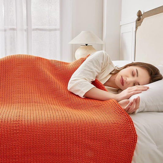 Guohaoi Knitted Weighted Blanket for Adults (Orange 50"x75" 20lbs) No Beads Cooling Throw Blanket for Hot Sleepers, Home Decor Breathable Chunky Knit Heavy Blanket Use on Full Size Bed