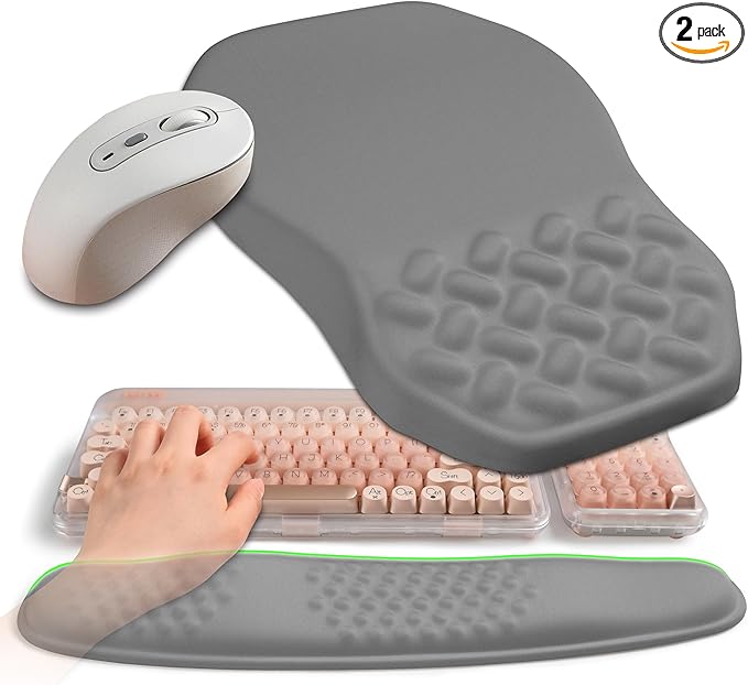 2-in-1 Ergonomic Set, Wave Keyboard Wrist Rest and Massage Slope Mouse Pad Wrist Support, Rebound Memory Foam for Relieve Carpal Tunnel Syndrome and Wrist Pain (Dark Grey)