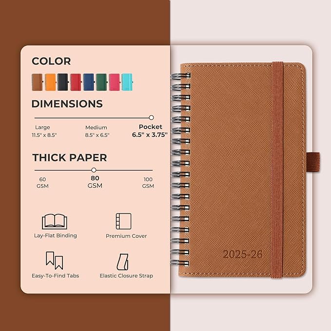 Planner 2025-2026 Daily Weekly and Monthly,6.5"x3.75",18 Months Spiral Bound Calendar Agenda with Self-adhesive Pen Holder,2026 Academic Plan with Vegan Leather Soft Cover,Brown