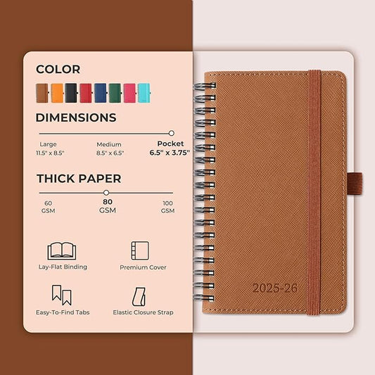 Planner 2025-2026 Daily Weekly and Monthly,6.5"x3.75",18 Months Spiral Bound Calendar Agenda with Self-adhesive Pen Holder,2026 Academic Plan with Vegan Leather Soft Cover,Brown