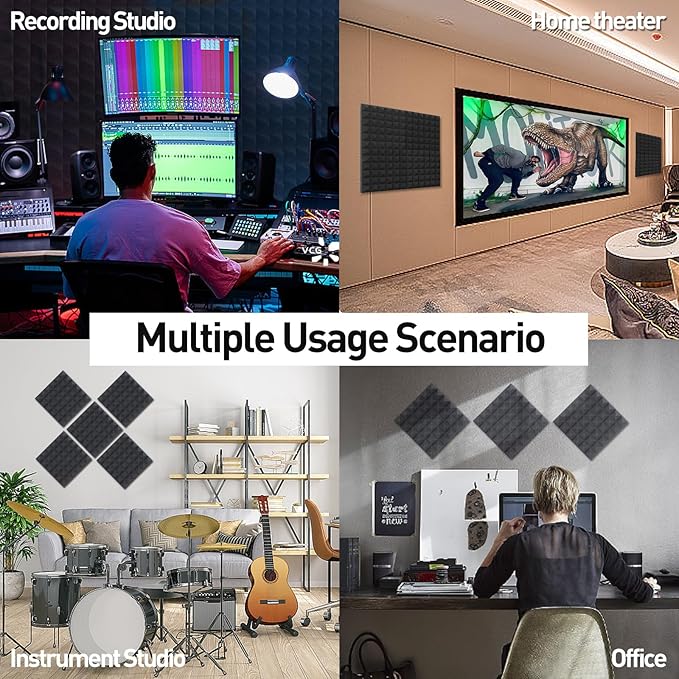 12 Pack Acoustic Foam Panels – 12" x 12" x 2" Self-Adhesive Pyramid Soundproof Wall Panels, High Density & Fire-Resistant Foam for Studio, Home, Office Walls