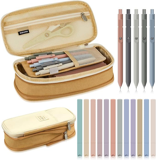 Henoyso 18 Set Aesthetic School Supplies Include Big Capacity Study Pen Bag with Zipper 12 Pcs Chisel Tip Bible Highlighters 5 Pcs Quick Dry Retractable Black Ink Pens for Student Office(Light Khaki)