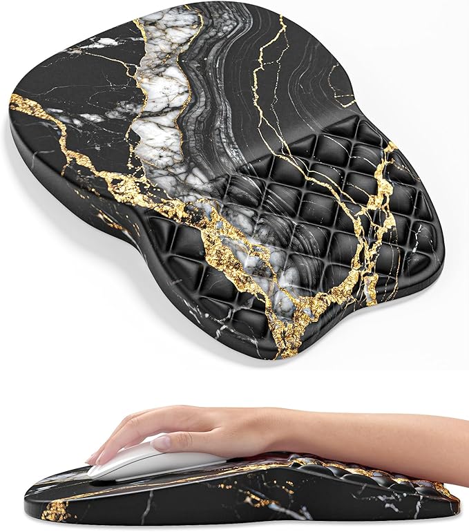 Auhoahsil Ergonomic Mouse Pad with Wrist Rest, Comfortable Slope Computer Mouse Mat with Wrist Support, Memory Foam Filling, Non-Slip Silicone Base, Pain Relief for Gaming Work, 8" x 12", Black Marble