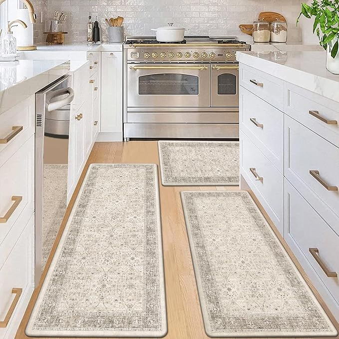 Pauwer Anti Fatigue Kitchen Mat Set of 3 Non Slip Kitchen Mats for Floor Cushioned Kitchen Rugs Comfort Standing Mat Farmhouse Waterproof PVC Foam Kitchen Floor Mat Runner, Khaki