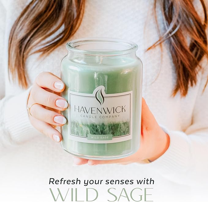 Havenwick Wild Sage Soy Blend 22-oz Large Jar Candle, Long Lasting 110-130 Hour Burn Time with Single Cotton Wick, Relaxing Scented Candles for New Home Gift & Housewarming Parties