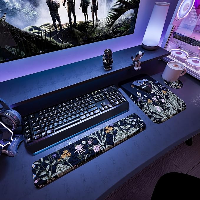 Ospelelf Ergonomic Keyboard Wrist Rest and Large Mousepad with Wrist Rest Support for Computer, Gaming, Flower
