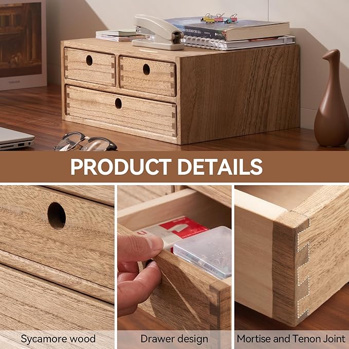 Kirigen Wooden Desktop Organizer - Office Supplies Filing Tidy Storage Shelf - Storage Cabinet/Jewelry Organizer with 3 Drawers(BR, 2-Layer &3 Drawers)