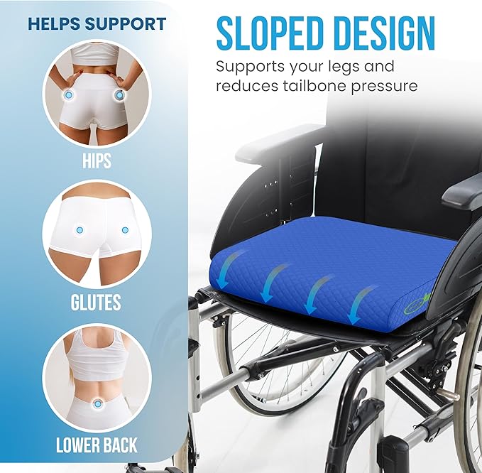 Extra Large Memory Foam Seat Cushion - Wheelchair Cushion Pad, Anti-Slip, Removable Strap, Coccyx Pain Relief, 19” X 17” X 3” (Blue)
