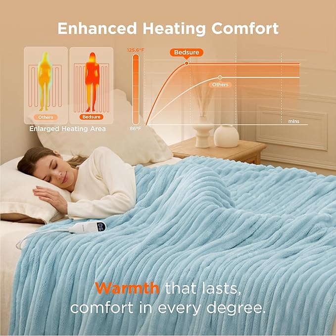 Bedsure Electric Blanket Twin - Thick Striped Flannel Electric Blanket, Heating with 10 Time Settings, 6 Heat Settings, and 8-Hour Timer Auto Shut Off, Gifts for Grandma (62x84 inches, Light Blue)
