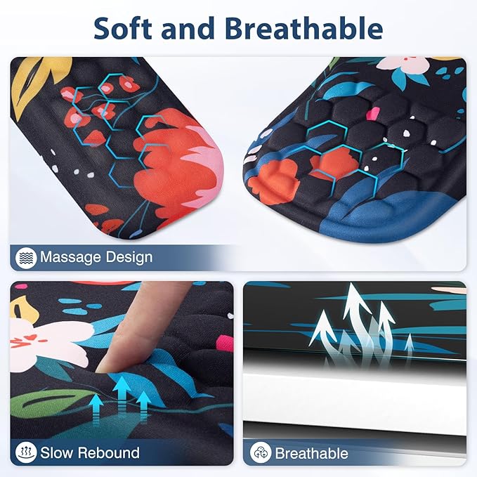 3 in 1 Ergonomic Mouse Pad and Keyboard Wrist Rest, Cute Mouse Pad with Wrist Support Massage Design, Non-Slip Wrist Pad for Mouse, Desk Mouse Set(Flower)