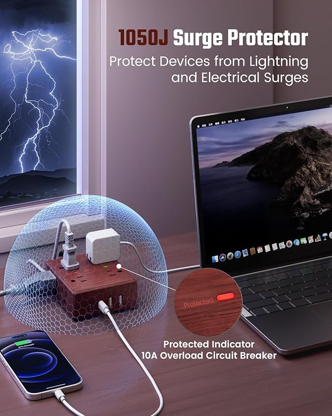 Brown Extension Cord 10Ft, Flat Plug Power Strip Surge Protector, 8 Outlet 4 USB Ports (2 USB C), Wall Mountable, Decorative Wood Charging Station for Home Office Desk Accessories —Walnut Wood