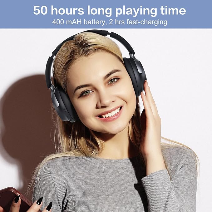 RORSOU B8 Bluetooth Headphones Over Ear, 6 EQ Music Modes and 50H Playtime Deep Bass Wireless Headphones with Mic, Lightweight Folding HiFi Stereo Headset for iPad/Travel/Tablet/PC/Home Space Black