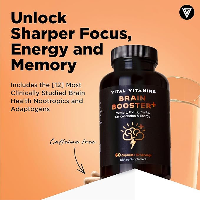 Vital Vitamins Nootropic Brain Supplement Plus - for Memory, Focus, Concentration, Neuro Energy, Clarity - with Lion's Mane Mushrooms - 60 Capsules