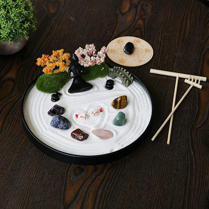 Zen Garden for Desk Tabletop Chakra Zen Healing Gifts Sand Tray Therapy Kit Set Japanese Decoration Crystal Quartz Rock Mini Garden Home Office Stress Relief Spiritual Decor Healing Gifts for Yoga
