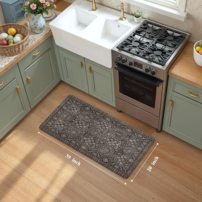 KIMODE Anti Fatigue Kitchen Mat, Cushioned Boho Distressed Kitchen Runner Rug, Non Slip Waterproof Kitchen Mat for Floor, Comfort Foam Standing Desk Mat for Laundry Office Sink Green/Grey 20"x39"