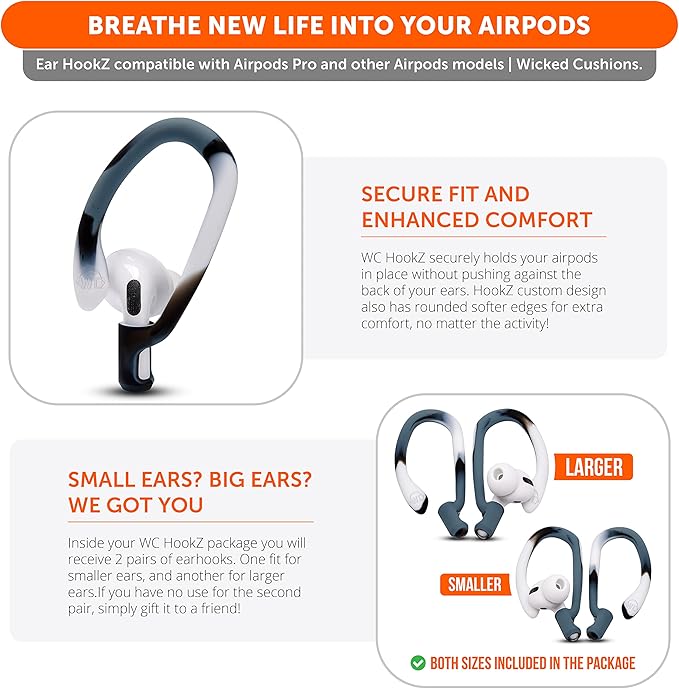 WC HookZ - Patented Upgraded Over Ear Hooks for AirPods Pro 1, 2 & AirPods 1, 2 & 3- Two Size Pairs Included in Package, Unique Left & Right Hook, Made by Wicked Cushions | Mixed Marble