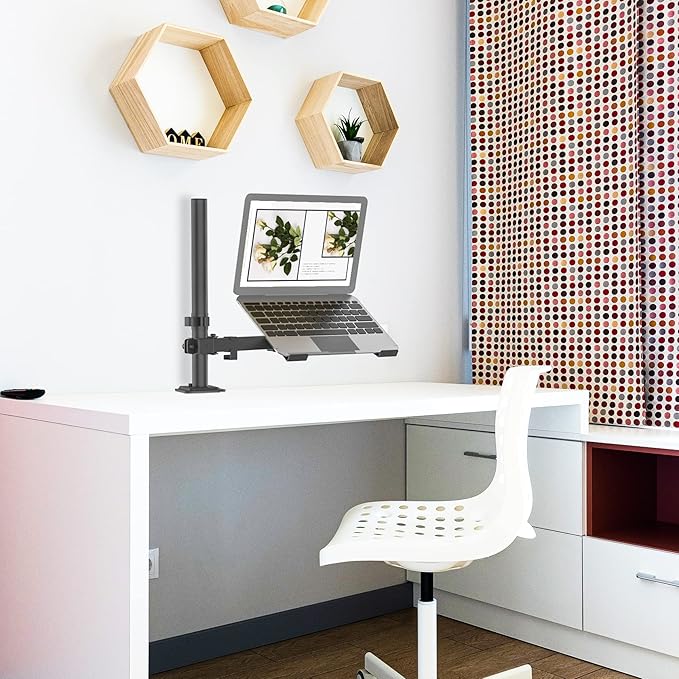 Laptop Desk Mount, Single Laptop Stand Arm with Vented Tray for 17 inch Notebook or 14”-32” Monitor, Holds up to 17.6 lbs, Fully Adjustable, Clamp/Grommet Mounting, VESA 75/100mm