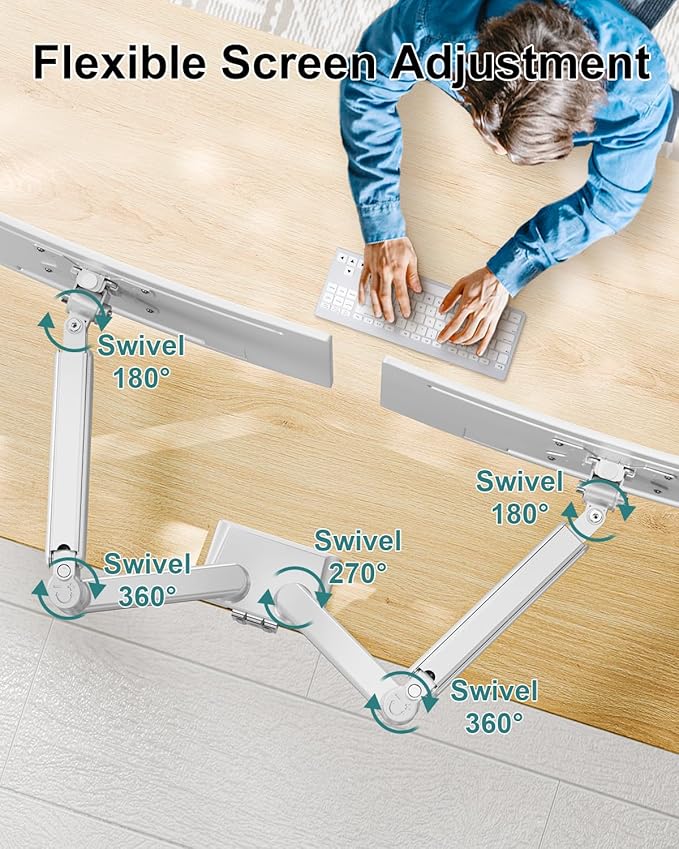 Dual Monitor Arm Desk Mount Fits 13 to 32 inch Computer Screens, Holds 4.4 to 22lbs Display VESA Mount, Adjustable Double Monitor Stand with Clamp/Grommet Base, 75/100mm Bracket, White, Freelift