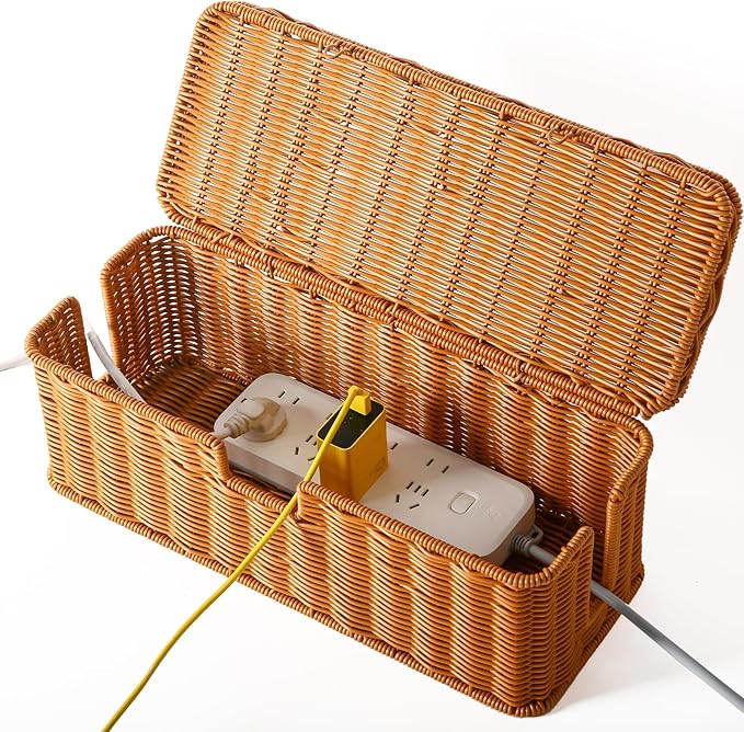 Handmade Cable Management Box, Rattan Cord Organizer Basket with Border Bar Lid, 3 Open Slots Cords Hider Box, Desk Organizer for TV Wires Computer Router USB Hub & Power Strip (Natural)