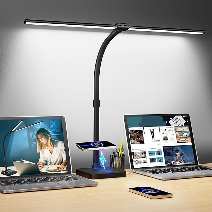 ShineTech LED Desk Lamp for Home Office, 24W Double Head Desk Light with Wireless Charging, USB Port, Adjustable Gooseneck Lamps, 5000K Daylight White