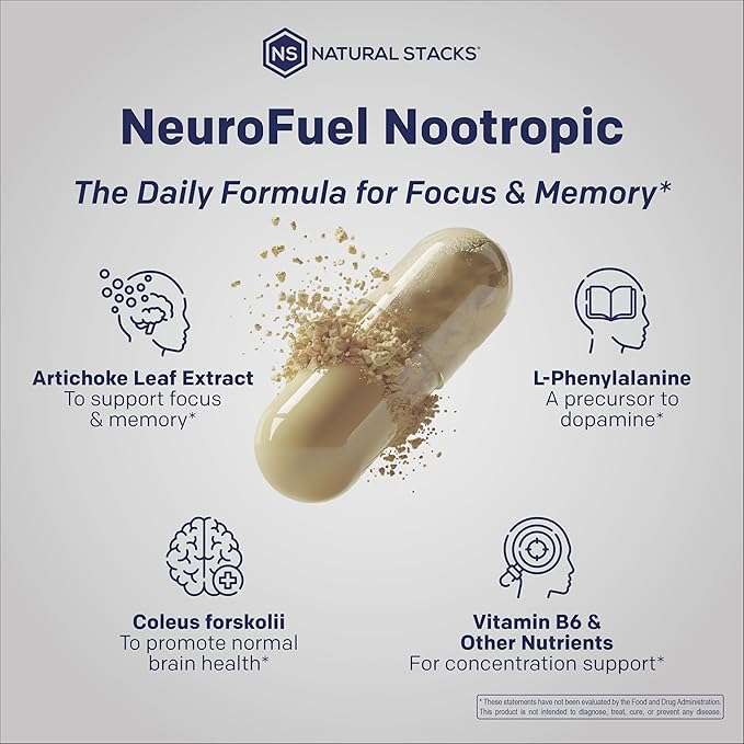 NATURAL STACKS NeuroFuel Nootropic Brain Support Supplement - 750mg L-Carnitine & 500mg L-Phenylalanine - Brain Supplement for Memory and Focus* - 75 Focus Pills