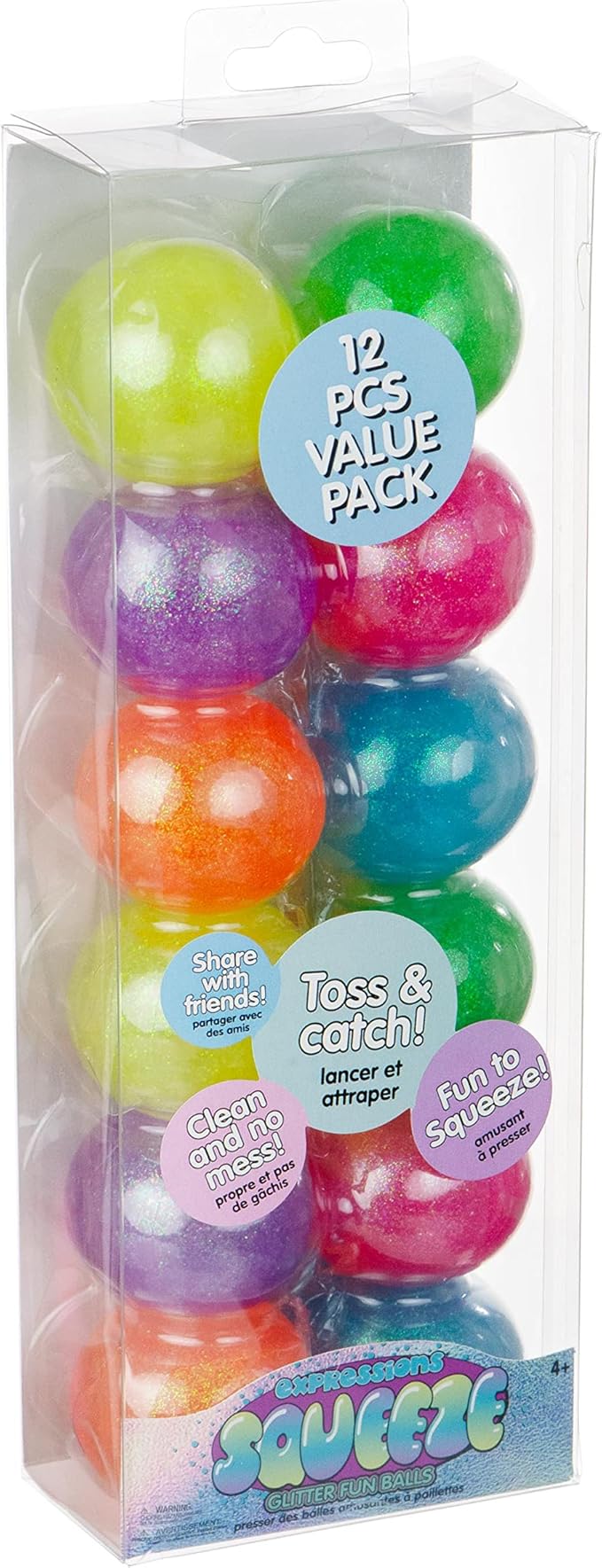 12pc Value Pack - Squeeze Balls in Assorted Glitter Colors - Fidget Toy Stress Balls for Adults and Kids - Anxiety Relief Items to Squish, Squeeze, Throw and Stick Fidgets for Kids