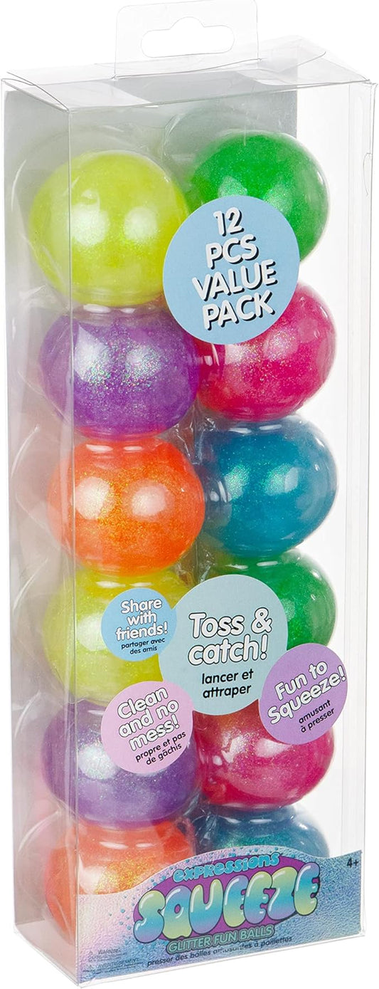 12pc Value Pack - Squeeze Balls in Assorted Glitter Colors - Fidget Toy Stress Balls for Adults and Kids - Anxiety Relief Items to Squish, Squeeze, Throw and Stick Fidgets for Kids