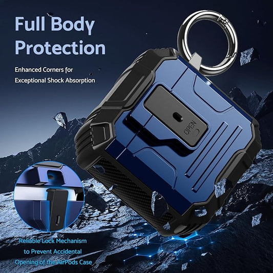 DASFOND Armor Cover AirPods 2nd & 1st Generation Case, Military Grade Full Body Shockproof Protection Hard Case, Support Wireless Charging with Keychain, Magnetic Lid, Front LED Visible, Blue