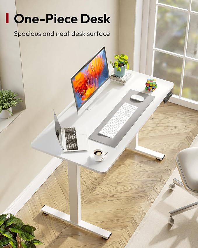 SANODESK Electric Standing Desk 48 x 24 Inches Whole-Piece Desktop Height Adjustable Stand Up Desk w/6-Button Controller Ergonomic Computer Desk for Home Office, White Frame + White Tabletop