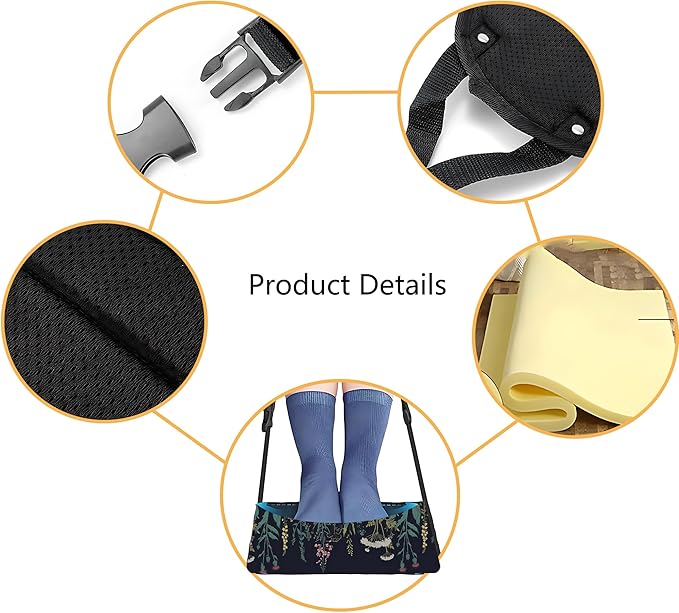 Airplane Foot Rest Comfortable Travel Footrest Accessories Adjustable Foot Hammock for Plane,Ergonomic Airplane Travel Essentials,Portable Office Desk Foot Rest(Subtle Flower)