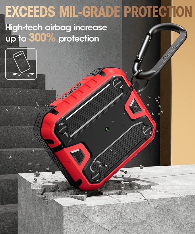 Koaichi Compatible with AirPods 3rd Generation Case(2021), Full-Body Rugged Hard Shell Protective Case Cover with Keychain Designed for AirPods 3 Case, Black/Red [US Patent Registered]
