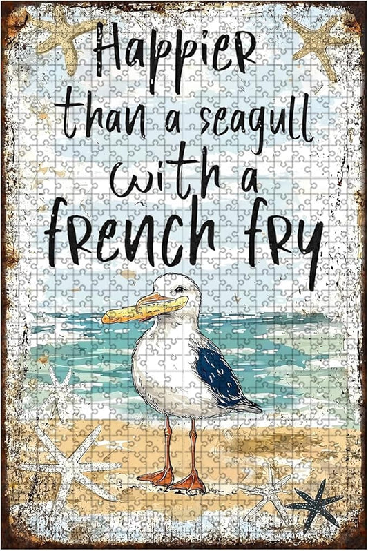 500 Piece Wooden Jigsaw Puzzle Seagull with French Fry Adults Kids Family Quiet Play Therapy Challenging Anxiety Relief Home Art Decor & Time Killing Focus Tool Gifts 20.4x15 Inch