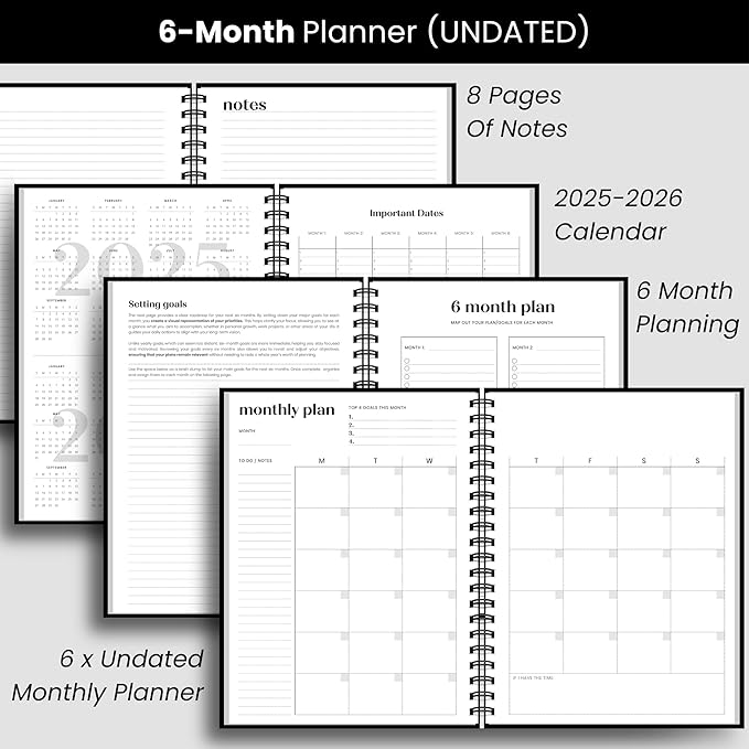 Large Daily Planner with Hourly Schedule, 8.5" x 11" Undated 6-Month Planner, Full Page a Day, 2025-2026 Calendar, To Do List, Time Blocking, Black Aesthetic Hardcover Spiral Notebook for Work Tasks