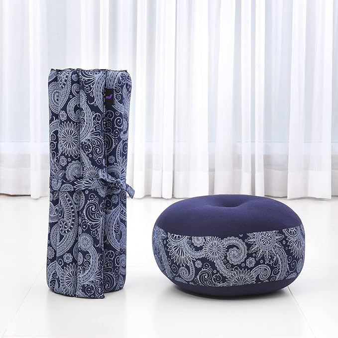 Leewadee Meditation Cushion Set – 1 Small Zafu Yoga Pillow and 1 Small Roll-Up Zabuton Mat Filled with Kapok