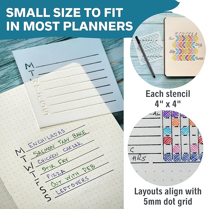 Portable Planner Stencils - x16 Small Square Journal Stencils with Templates for Habit Trackers, Calendars, Checklists, Meal Plans - Journaling Supplies Kit & Planner Accessories for Bullet Journals