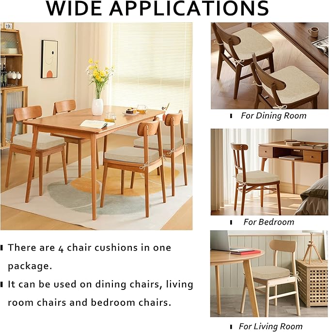 ELFJOY Chair Cushions for Dining Chairs Kitchen Chair Cushions U Shape Non Slip Chair Pads Set of 4 Seat Cushions with Ties Indoor 16.7" x 16" Beige