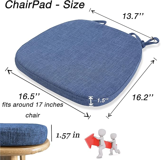 Chair Cushion with Ties for Dining Chairs - Memory Foam Non Slip Kitchen Chair Pad and Dining Seat Cushion with Machine Washable Cover [16.5 x 16.2 Inches] - Blue