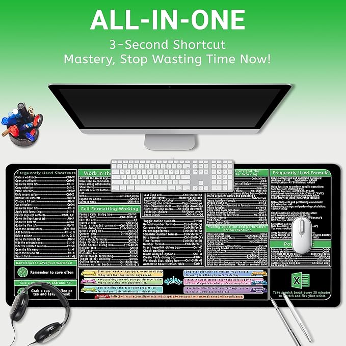 Excel Cheat Sheet Desk Pad, Updated Shortcuts Mouse Pad (31.5"x11.8") | Keyboard Shortcut & XL Gaming Desk Mat for Office/Home | Non-Slip Stitched Edges, Spill-Proof | Employee Appreciation Gifts