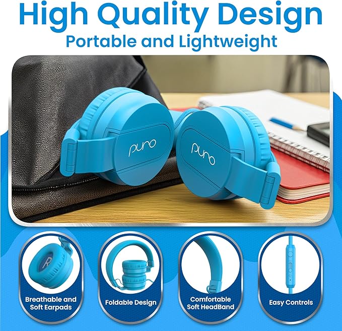 Puro Sound Labs PuroBasic Wired Headphones for Kids - Volume-Limiting & Adjustable with Microphone – Compatible with Smartphones, Tablets, PCs, and More – Safe, Durable Headphones for Kids – Blue