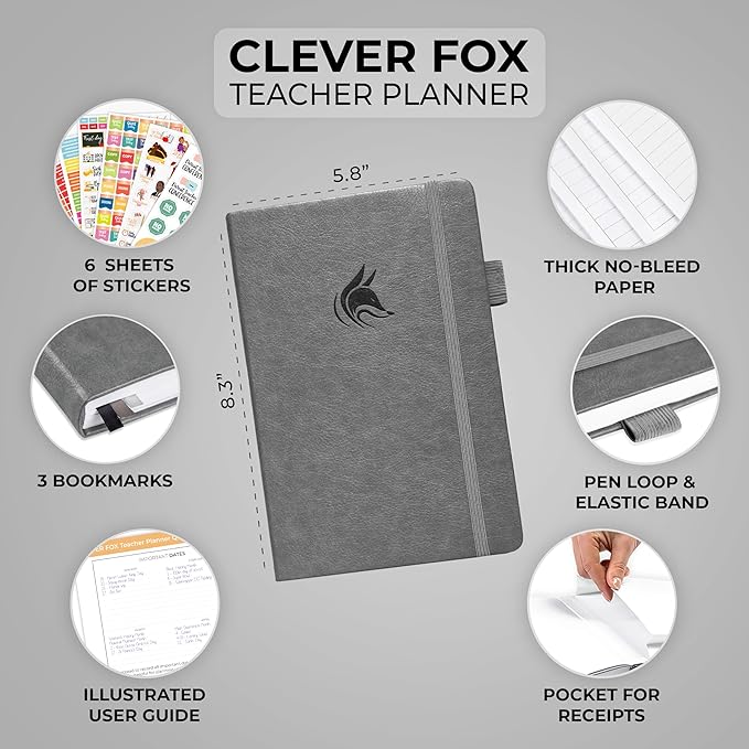 Clever Fox Teacher Planner – School Year Planner with Calendars & Lesson Plans – Teacher Plan Book for Classroom & Homeschool Organization - Undated, A5 Size, Hardcover (Gray)
