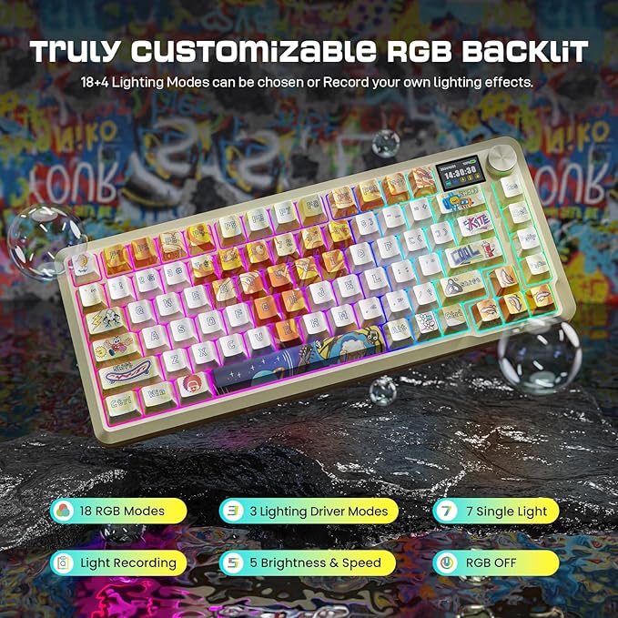 Redragon Wireless Mechanical Gaming Keyboard - Gasket-Mounted RGB Backlit, Custom Keys, 3-Mode(Bluetooth/2.4G/USB), Hot-Swap Pre-Lubed Switches, Screen & Control Knob - Doodle Style